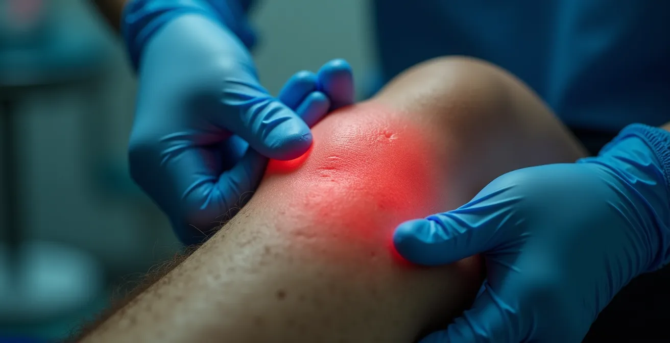 Close-up of hands examining knee with visible inflammation markers