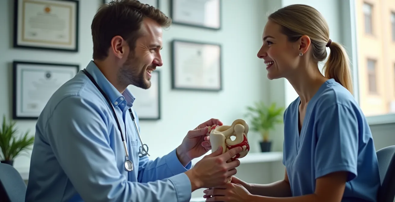 Medical consultation showing surgeon explaining knee model to patient