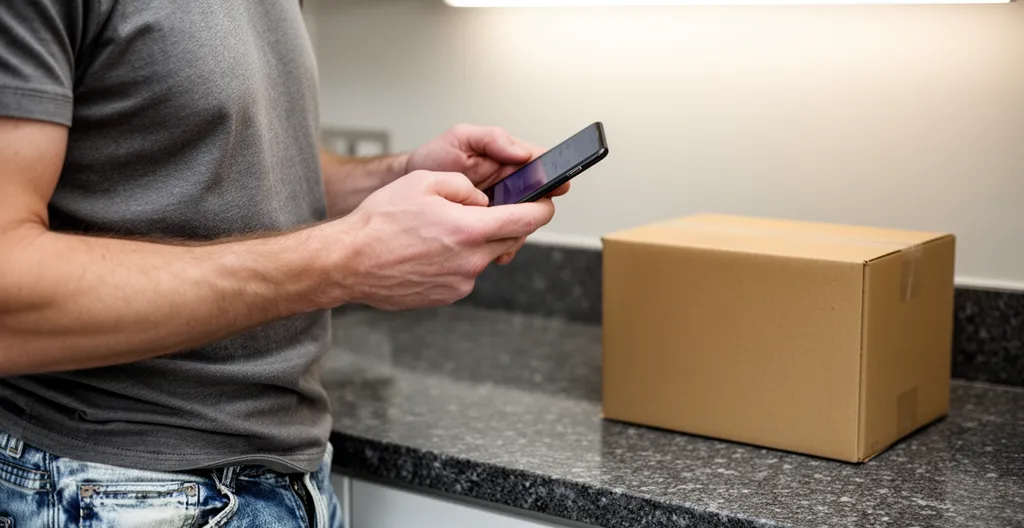 Man checking online pharmacy delivery and returns information on smartphone