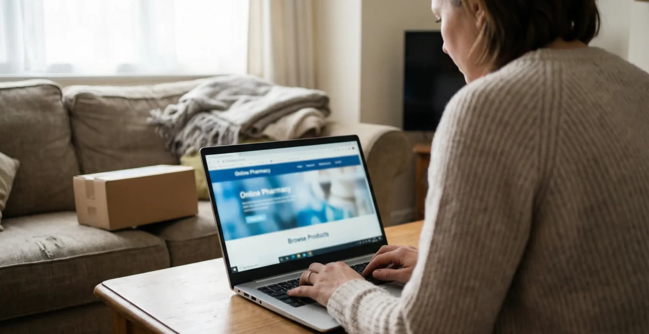 Woman verifying online pharmacy trust signals on laptop in living room
