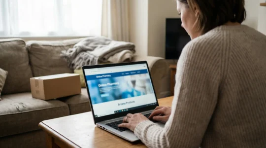 Woman verifying online pharmacy trust signals on laptop in living room