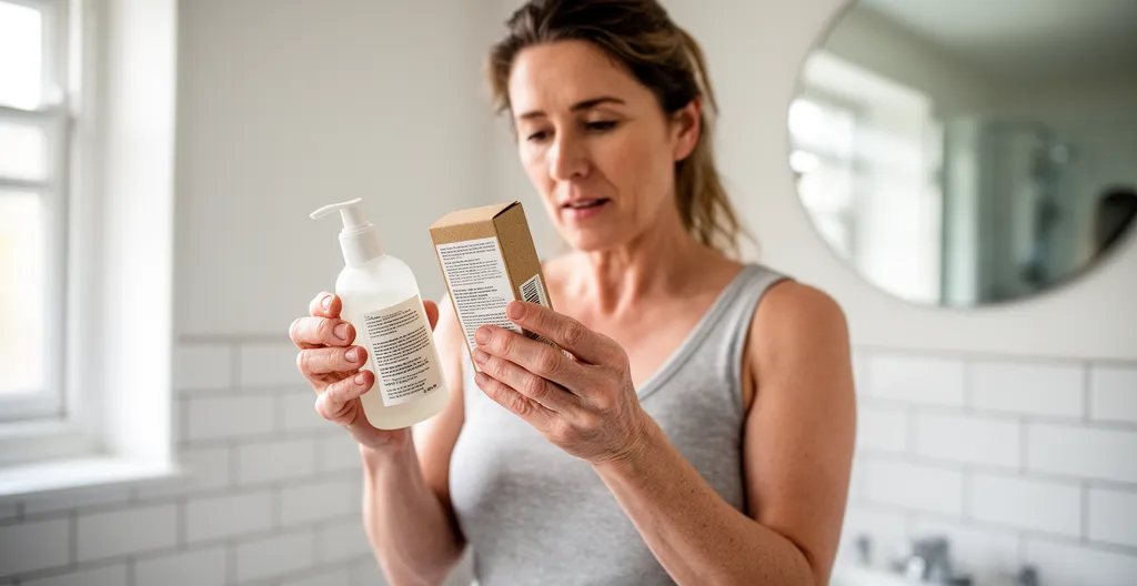 Woman checking batch number and expiry date on natural skincare products